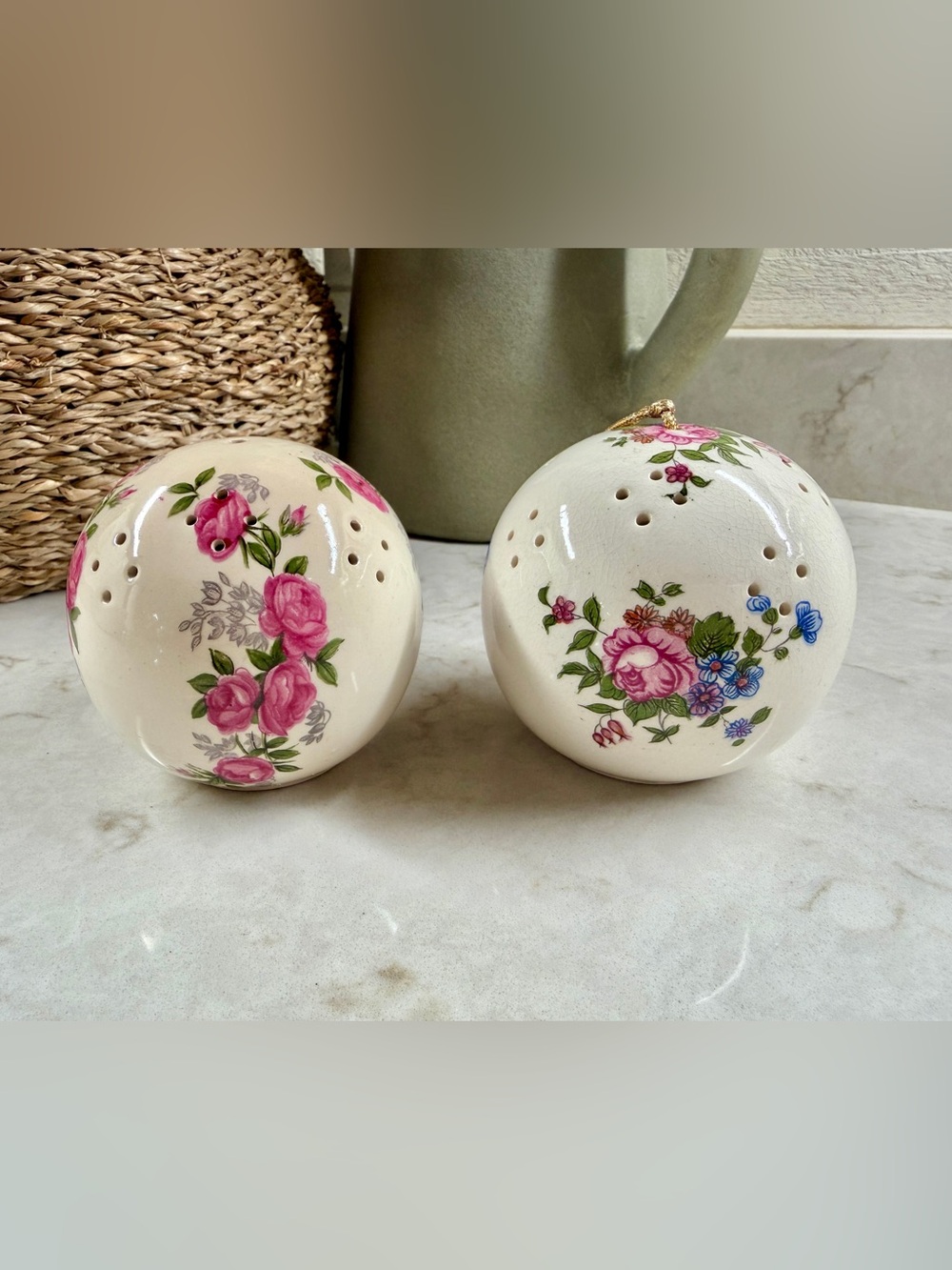 VINTAGE,SET/2,WHITE GLAZED PORCELAIN POMANDER BALLS, MADE IN JAPAN,1950’S-1970’S